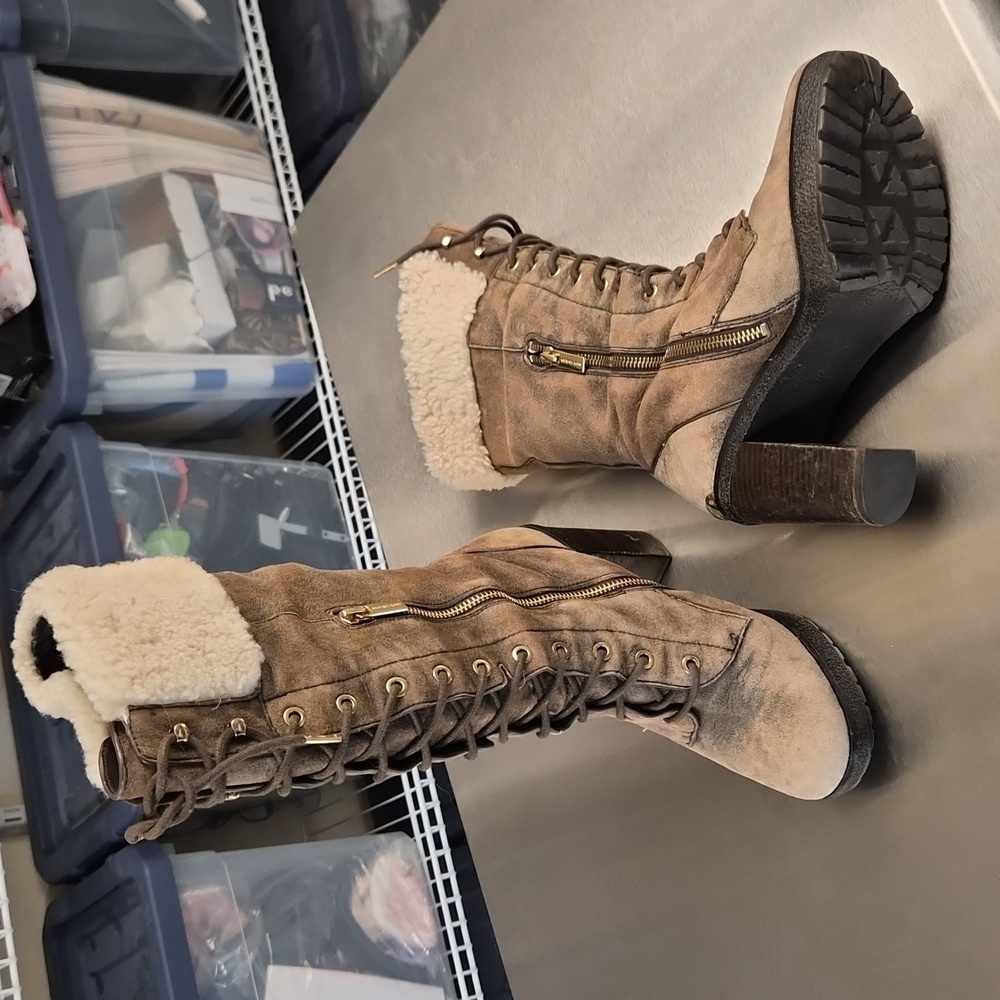 Michael Kors Brown Lace-Up Heeled Boots with Shearling Trim